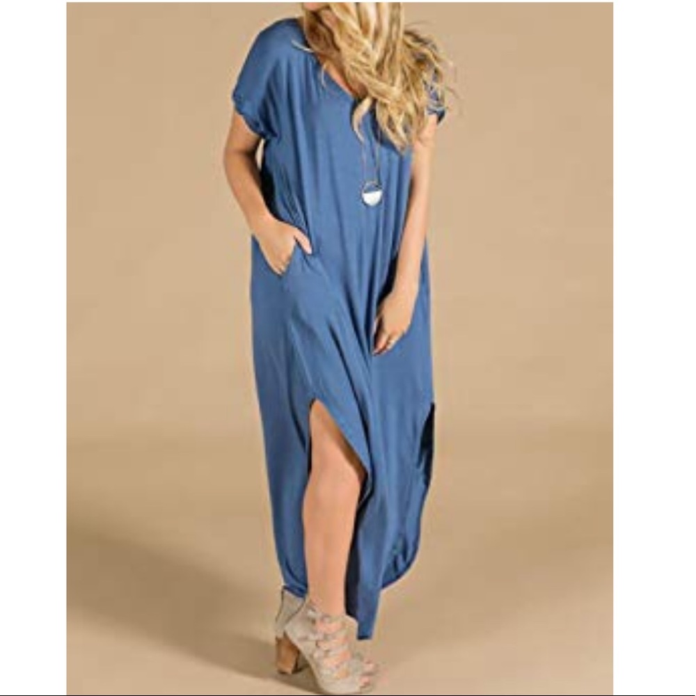 Slate Blue Cami Boho Maxi Dress With Pockets - Picture 6 of 7